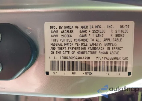 2007 Acura Tl 3.2 z USA, uszkodzony, nr VIN 19UUA66237A044798